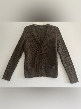 Lands' End Brown Cable Knit Wool Blend Cardigan | Dark Academia Aesthetic
